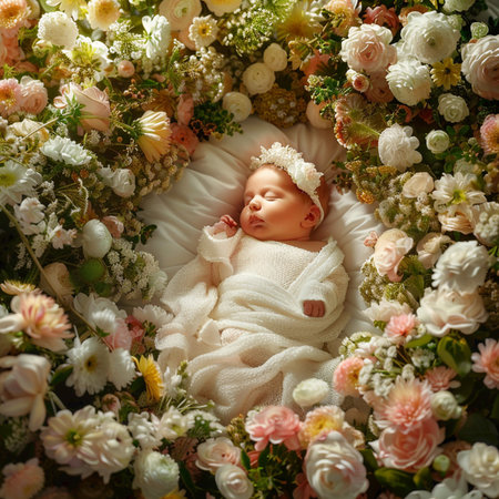 Newborn baby boy sleeping in a wreath of flowers. Top view.の素材