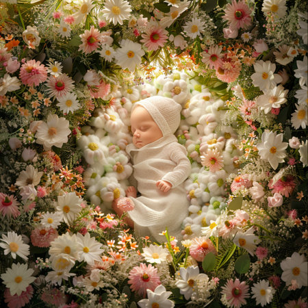Newborn baby in a floral wreath made of daisiesの素材