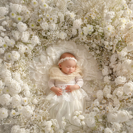 Cute newborn baby girl sleeping in a wreath of white flowersの素材