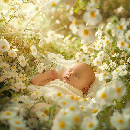 Cute newborn baby boy sleeping in daisy flower field. Child sleeping in chamomile field.の素材