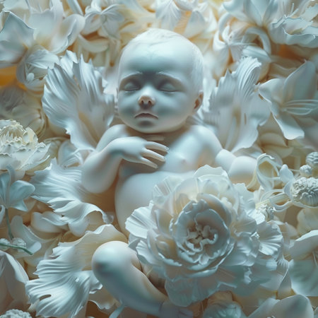 Beautiful baby doll in white flowers. Vintage style toned pictureの素材