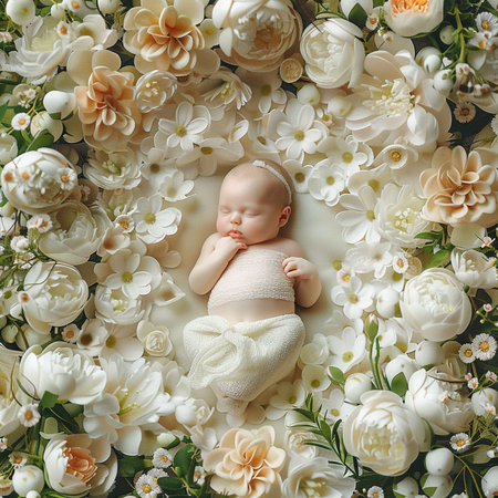 Newborn baby sleeping in a flower wreath. Top view.の素材