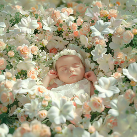 Newborn baby girl sleeping in a wreath of white flowers.の素材