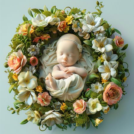 Newborn baby in a wreath of flowers. 3d renderingの素材