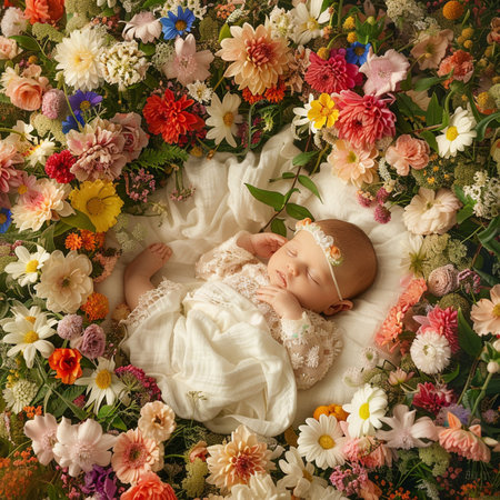 Newborn baby girl sleeping on a floral background. Top view.の素材
