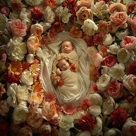 Newborn baby in a floral bed of flowers. 3d renderingの素材