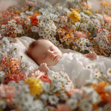 Cute newborn baby girl sleeping on a bed surrounded by flowers.の素材