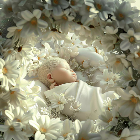 Cute newborn baby boy sleeping in flowers. 3d rendering.の素材