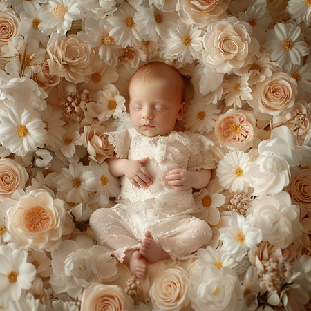 Newborn baby girl in white dress on a background of flowers.の素材