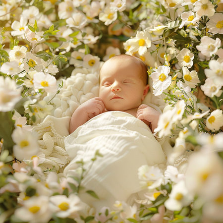 Cute newborn baby sleeping in the spring garden with white flowers.の素材