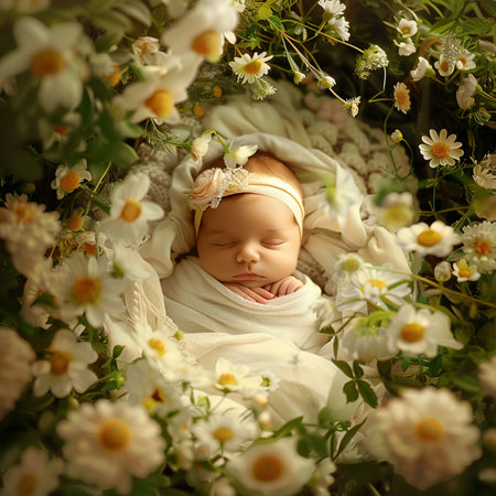 Sleeping newborn baby girl in a wreath of daisiesの素材
