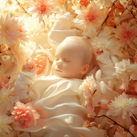 Cute newborn baby sleeping on a floral background, toned imageの素材