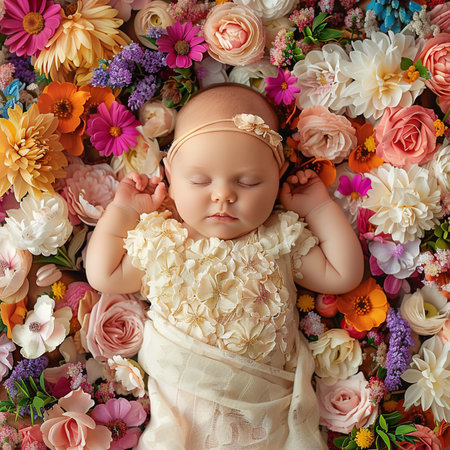Cute newborn baby girl sleeping on flowers background. Top view.の素材
