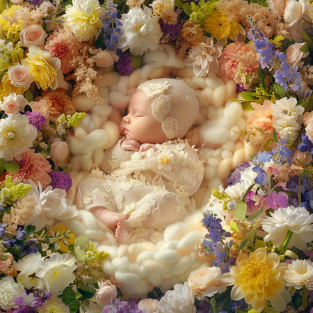 Cute newborn baby sleeping in a flower wreath, top viewの素材