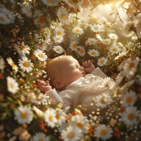 Cute newborn baby lying in a field of daisies. Baby in daisies.の素材