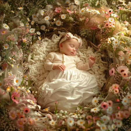 Cute newborn baby girl in a wicker basket with daisiesの素材