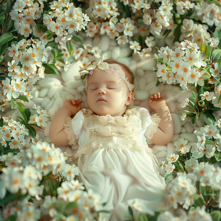 Cute newborn baby girl sleeping in a white flower bed with white flowersの素材