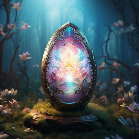 Easter egg in the forest. Holiday card. 3D renderingの素材