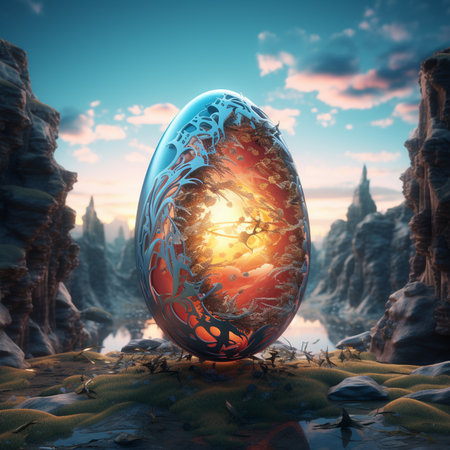 3D illustration of an Easter egg on a background of the mountainsの素材