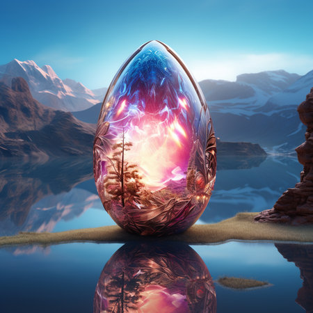 Easter egg with forest and mountains reflected in water. 3d renderの素材