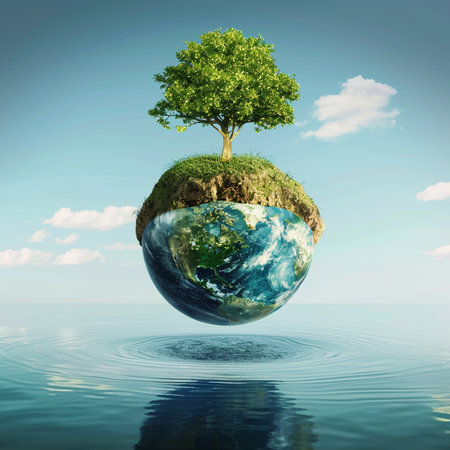 Ecology concept. Earth planet with tree on it floating in waterの素材