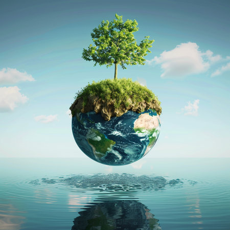 Ecology concept. Green planet and tree on the water surface.の素材