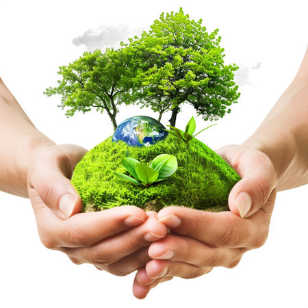 Human hands holding green earth with tree. Elements of this image are furnished by NASAの素材