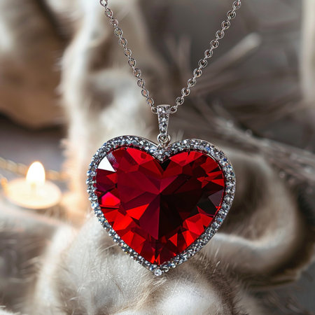 Red heart pendant on a silver chain on a background of feathersの素材
