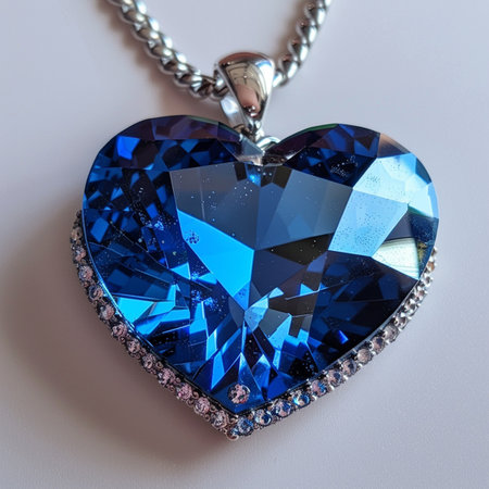 Heart shaped pendant with blue gemstone on a white background.の素材