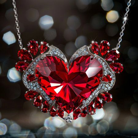 Jewelry diamond pendant with red heart on bokeh backgroundの素材