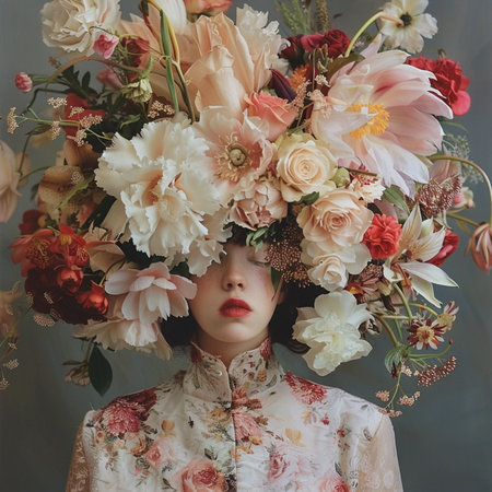 Portrait of a beautiful young woman in a wreath of flowersの素材