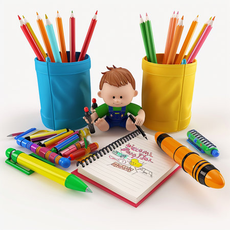 3D Render of a Little Boy with color pencils and notebookの素材