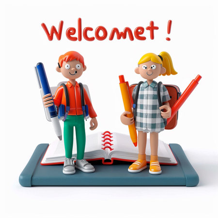 3d illustration of kids with backpacks and school supplies on white backgroundの素材