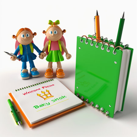 Back to school concept with two children and notepad. 3dの素材