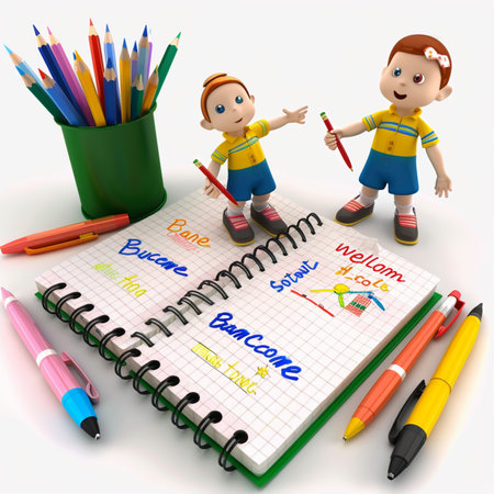 3d render of children with notebook and pencils over white backgroundの素材
