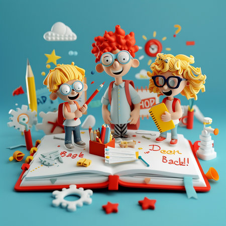 Children drawing in a book. Education concept. 3d illustration.の素材