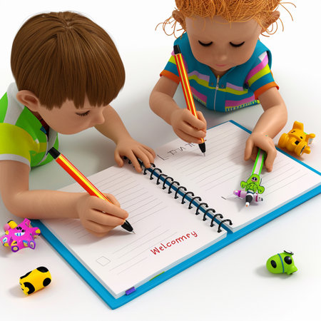 3d render of a little boy and girl drawing in a notebookの素材