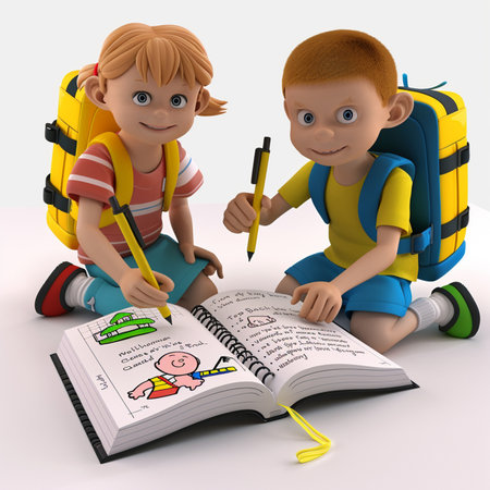 3D Render of Kids with Backpacks writing in a book.の素材