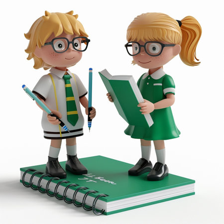 3D Render of Kids with book and pencils on white backgroundの素材