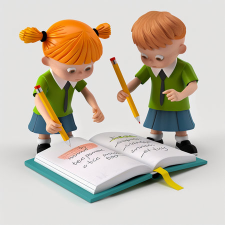 3D Render of Kids with Notebook and Pencil on White Backgroundの素材