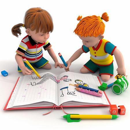 Two children drawing with colored pencils in a notebook on a white backgroundの素材