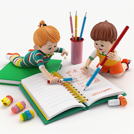 3d render of children doing homework with pencils and erasersの素材