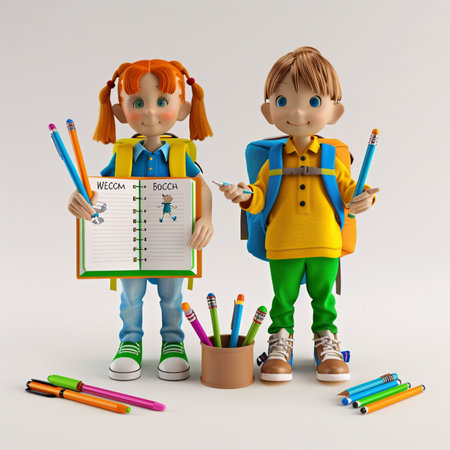 3d illustration of kids with school supplies on a gray background.の素材