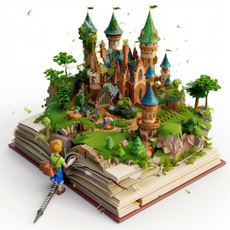 Fantasy fairy tale castle on open book. 3D illustration.の素材