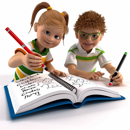 3D Render of a Little Boy and Girl Writing in a Bookの素材