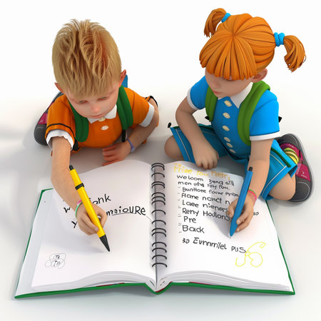 Boy and girl write in a notebook on a white background. 3D rendering.の素材