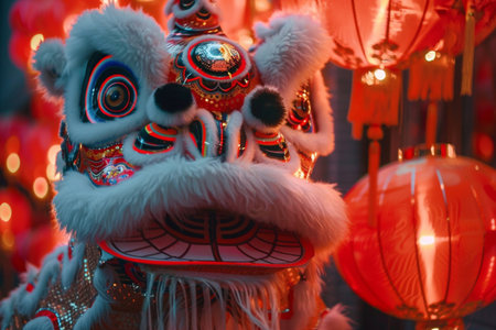 Chinese New Year decorations in traditional costume at night, closeup of photoの素材