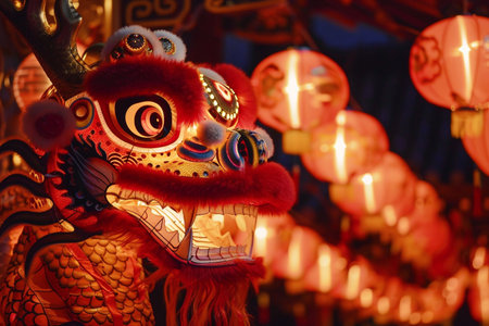 Chinese New Year decorations, closeup of a traditional dragon head lanternの素材