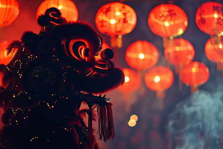 Chinese new year festival, lion dance and lanterns on the streetsの素材