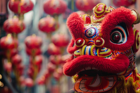 Chinese New Year decorations, closeup of a traditional Chinese lion headの素材